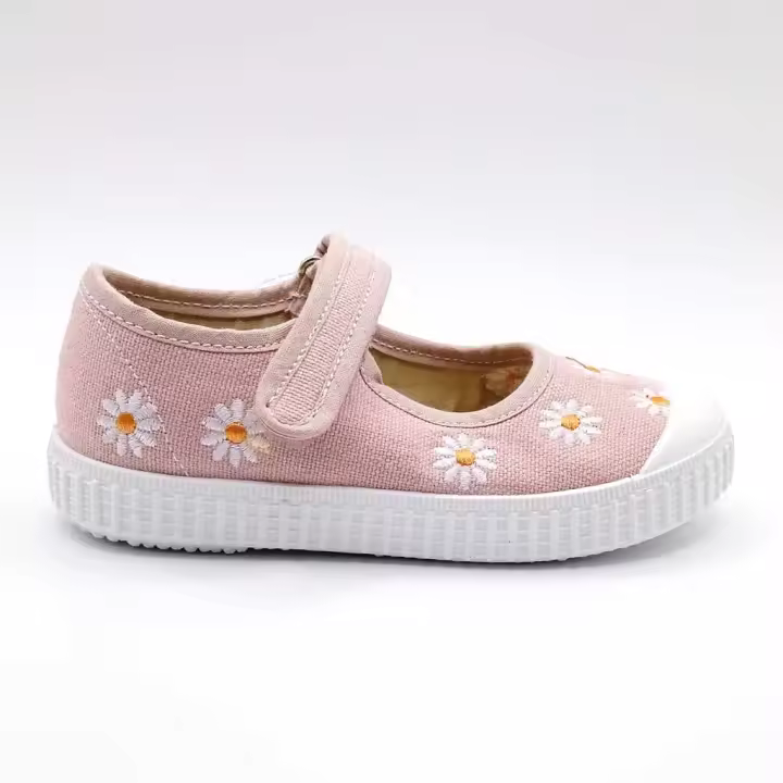 Mercedita lona niña rosa nude, Zapy AD32045, flores bordadas, suela flexible de goma, cierre velcro - 1