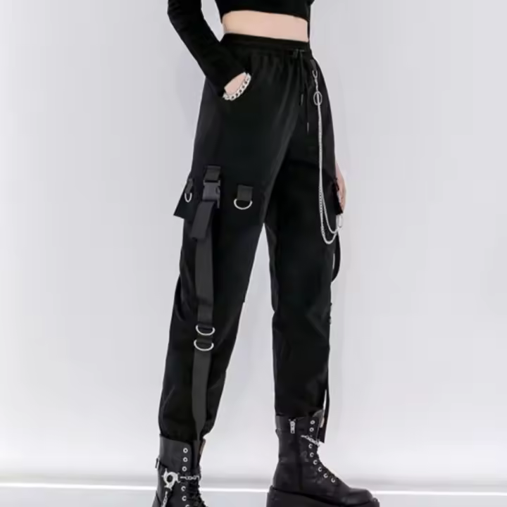Pantalones De Mujer Estilo Coreano Tendencia Negros Sueltos Primavera Otoño Casuales Cargo High-Waisted Con Bolsillos Y Cierre Elástico - 1