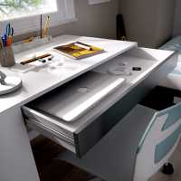 Meimon  Mesa de escritorio – Teo disponible en 3 acabados, blanco, blanco con madera, blanco con grafito, almacenamiento práctico con un cajón y estantes laterales, Dimensiones Altura: 74 cm Ancho: 115 cm Profundidad: 50 cm - details 1