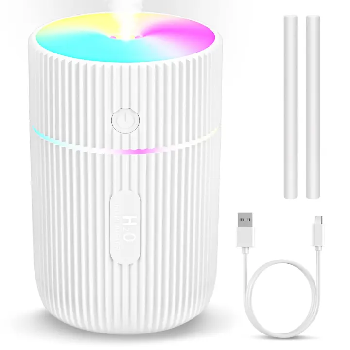 Humididiador, minihumididiador ultrasónico USB con Luces de respiración de 7 Colores, para Automóvil, oficina, dormitorio (Blanco) - 1