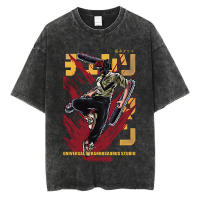 Camiseta Vintage Washed Chainsaw Man Anime Para Hombres Harajuku Oversize Tee Algodón Moda Streetwear Unisex Tops Ajustable - details 1