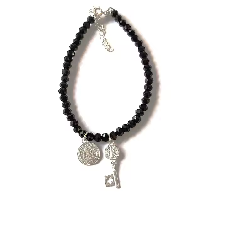Pulsera turmalina llave San Benito y Judas Tadeo, plata de ley-40ycuatrojoyeria - 1