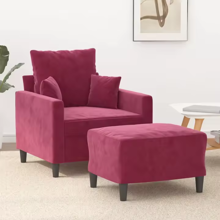vidaXL Sillón con taburete terciopelo rojo tinto 60 cm - 1