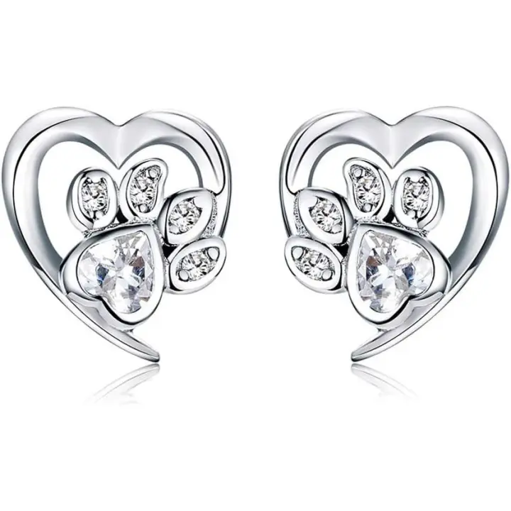 Lindos Aretes with shape De Corazón with form De Corazón de Amor infinito y Cristal transparente en Plata de Ley with estampado de pata de Gato y Gato - 1