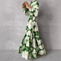 Vestido Maxi Verano Elegante Para Mujer Con Estampado Verde Manga Larga Cuello V Ajuste De Cintura Largo Moda Fiesta Vestido - details 5