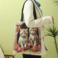 Bolso De Hombro Para Mujer Durable De Lino Con Estampado De Flores Y Gatos Bolso De Compras Y Playa Casual Unisex - details 1