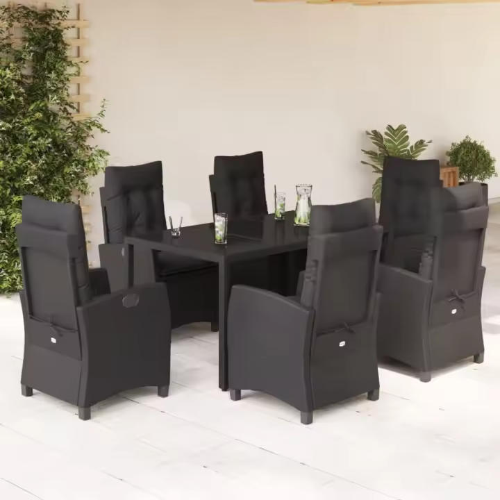 vidaXL Set de comedor de jardín 7 pzas y cojines ratán sintético negro - 1