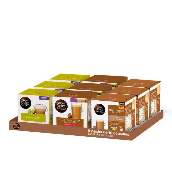 Dolce Gusto - Pack Especial Café Con Leche 9 cajas (144 Cápsulas) | Contiene 3 cajas de Capuccino (48 cápsulas) + 3 cajas de Café con leche (48 cápsulas) + 3 cajas de Café con leche descafeinado (48 cápsulas) - 1