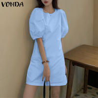 VONDA Vestido Mini De Verano Para Mujer Elegante Corto Con Mangas Flounce Estilo Casual Solido Cuello Redondo Vestido De Fiesta De Playa - details 5