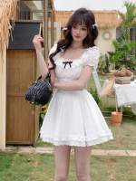 Vestido De Encaje Francés Dulce Con Cuello Cuadrado Y Mangas Burbuja Para Mujer Vestido De Cumpleaños Estilo Princesa Cintura Definida Falda A-line Larga Hasta La Rodilla - details 2