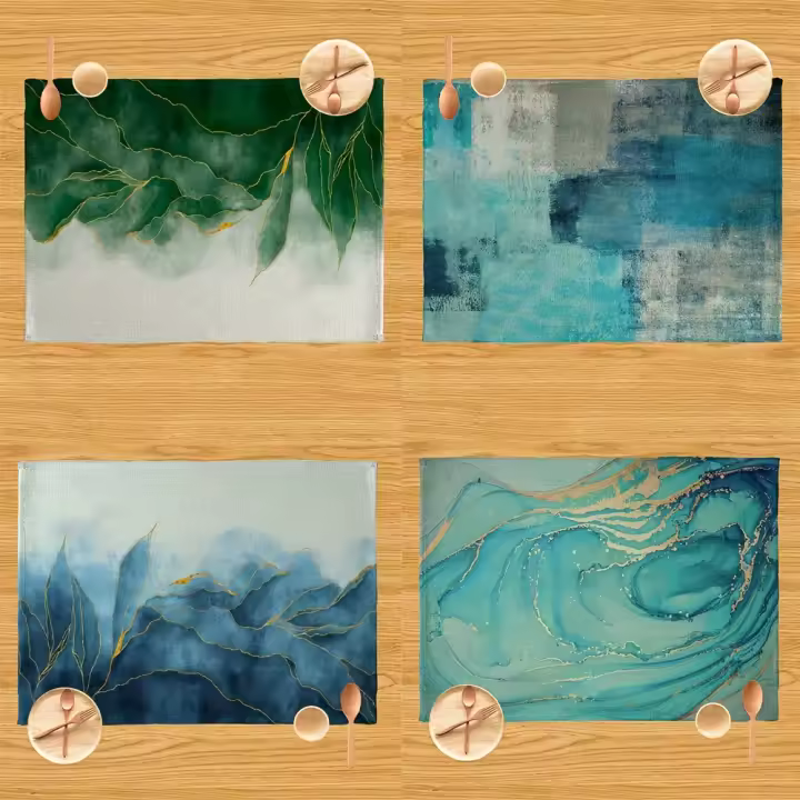 4pc Tapetes Para Comedor Estilo Verano Azul Turquesa Y Mármoles Rusticos Protección Para Mesa De Cocina Y Hogar Decoración De Habitaciones Y Fiestas - 1