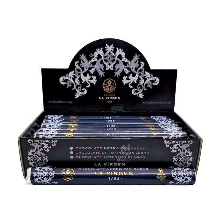 Pack 24 unidades de Chocolatinas de Chocolate puro 70% Cacao, 30gr La Virgen - 1