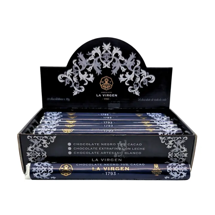 Pack 24 unidades de Chocolatinas de Chocolate puro 70% Cacao, 30gr La Virgen - 1