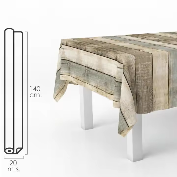Mantel hule rectangular tablones madera. impermeable antimanchas pvc 140 cm. x 20 metros. rollo recortable. interior y exterior - 1