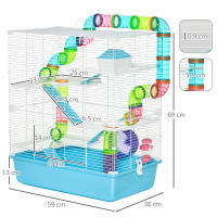 PawHut Jaula para Hámster Grande 59x36x69 cm Casa para Hámster con 4 Plataformas Tubos Comedero Bebedero 4 Rampas Rueda de Ejercicio y 2 Asas Portátiles Azul y Blanco - details 2