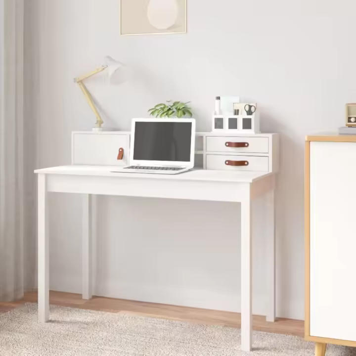 vidaXL Escritorio de madera maciza de pino 110x50x93 cm en color Blanco/Natural | estructura resistente ideal para salón dormitorio o estudio - 1