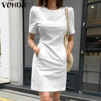 VONDA Vestido Mujer Verano 2024 Moda Casual A-Line Mini Con Bolsillo Cuello Redondo Manga Corta Sobremesa Trabajo Ropa Oversize - details 5