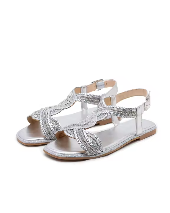 Sandalias planas de verano para mujer con cristales y piel sintética brillante con estampado de verano para fiestas y vacaciones - 1