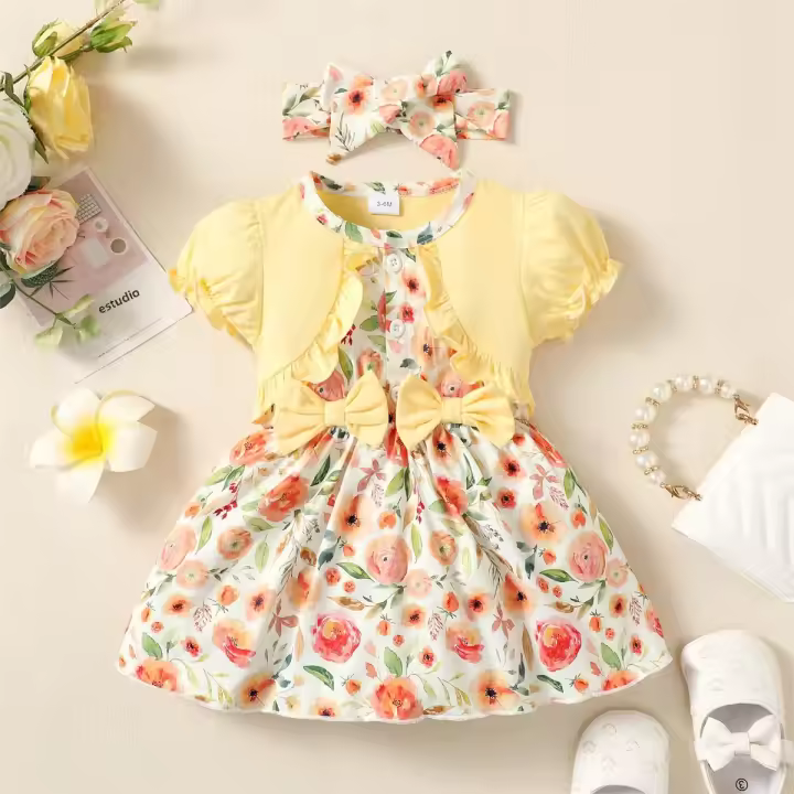 Vestido De Princesa Para Bebé Niña Con Estampado Floral Y Cinturón Kuwkuw Ropa Infantil Vestidos De Verano Para Recién Nacida Talla Ajustada Estilo Coreano - 1