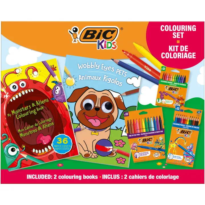 BIC Kids Fun Set de Colorear con Rotuladores y Lápices de Colores, Ceras y Libros para Colorear (My Monsters & Aliens y Wobbly Eyes: Pets) - Colores Surtidos, Set de 38Piezas - 1