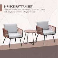 Outsunny Conjunto de Muebles de Jardín de Ratán Sintético 3 Piezas Conjunto de Mesa y 2 Sillas de Ratán con Cojines Acolchados Extraíbles para Balcón Terraza Patio Gris - details 5