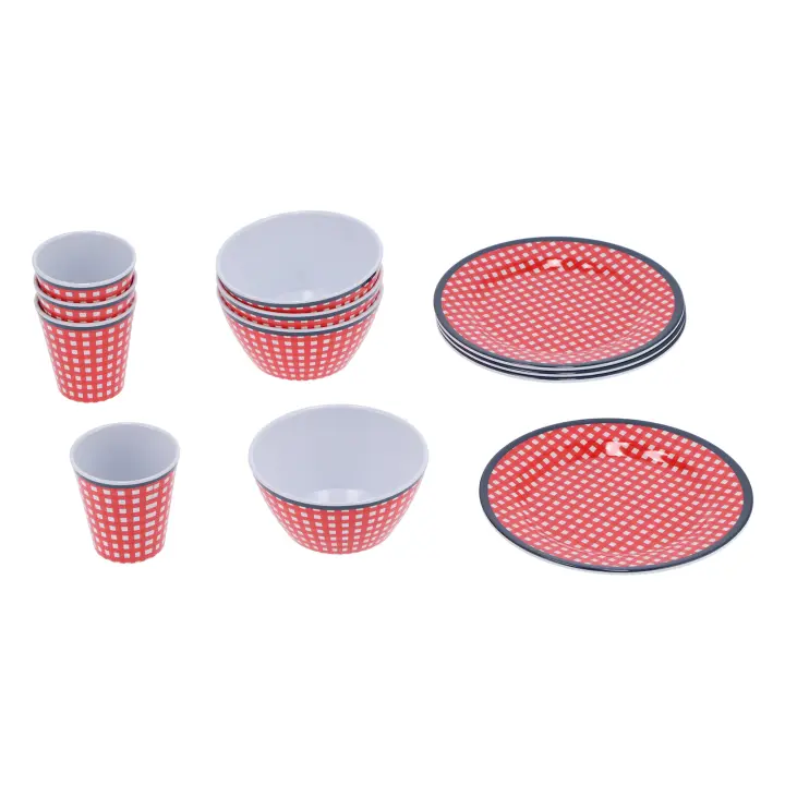 Juego de vajilla para el hogar de 12 piezas, juego de taza, cuenco y plato de melamina con rejilla roja para cocina y restaurante - 1