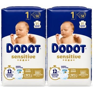 Pañales Dodot Sensitive Talla 1 (2-5 kg) Pack Ahorro 116 Unidades (2x58) – Suavidad Extrema + Barrera Stop Fugas