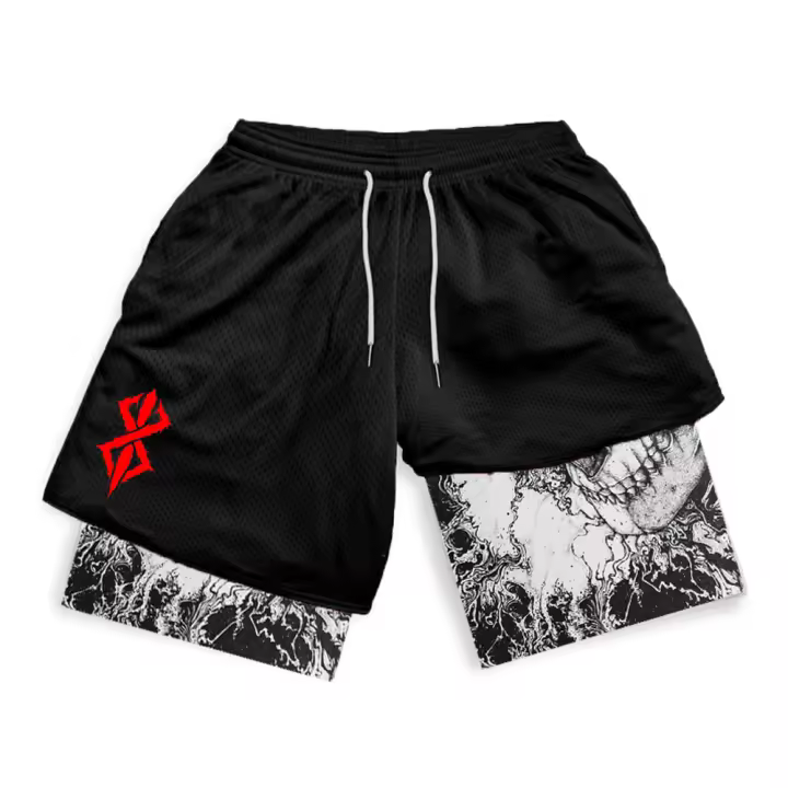 Shorts De Correr Para Hombre Berserk Impresión 2 En 1 Con Bolsillos Quick Dry Estirable Para Gimnasio Y Actividades De Verano - 1