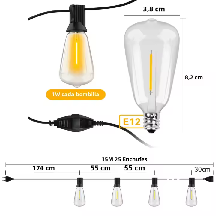 Cadena De Luces LED ST38 Para Exteriores Inalámbrica Shatterproof Para Jardín Y Patio Decoración De Boda Conectable - 1