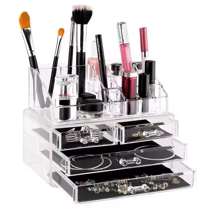 Organizador de Joyas y Maquillaje 3 en 1,Joyero grande, Organizador de Cosméticos con 2 Cajones y Múltiples Compartimentos,  Caja Organizador de Maquillaje y Jollas apilable con 3 plantas - 1