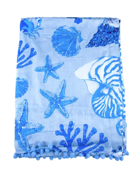 SUN & SURF Pareo Con Rizo Estampado Nautilus Celeste Tendencia Moda 90X170CM Doble Textura - Toalla Resistente Playa Sol y Piscina - 1