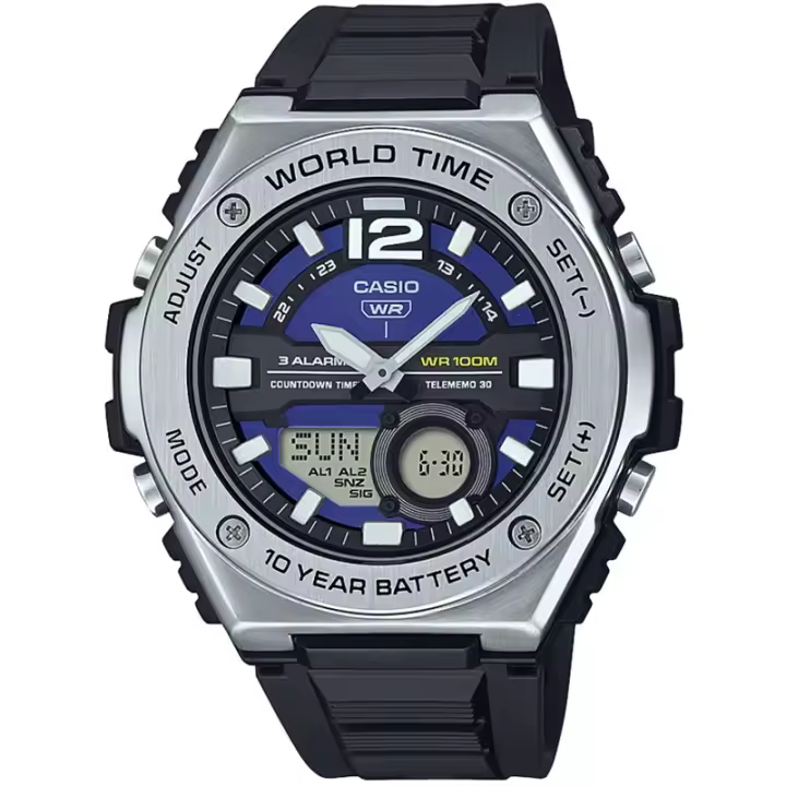 Reloj Casio Sport MWQ-100-2AV 50.6mm 100m WR correa de resina Hora Mundial 10 años batería - 1