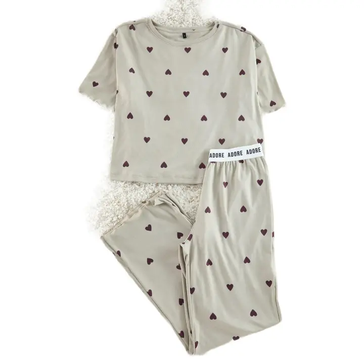 Trendyol Mint Heart Slogan Elastic Detail Ribbed Knitted Pajama Set Thmss24Pt00404 - 1