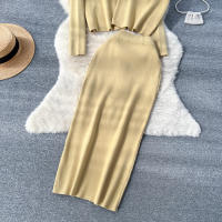 Conjunto De Ropa De Mujer REALEFT Otoño Invierno 3 Piezas Traje De Tejido Knitted Cardigan De Botón Sencillo Y Tops Falda Elegante Para Oficina - details 42