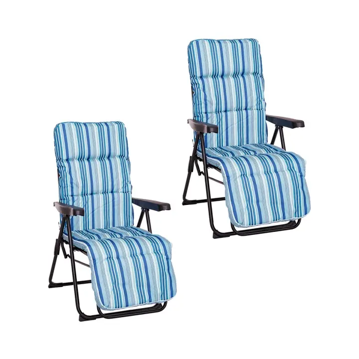 Lola Home Pack de 2 sillones de playa acolchados de 4 posiciones con reposapiés de acero y tela de lona Oxford de rayas azul de 61x58x106 cm - 1