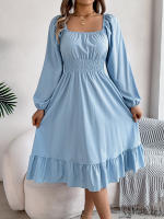 Vestido A-Line De Mujer Elegante Otoño Invierno Color Sólido Cuello Cuadrado Manga Larga Volantes Vestido Midi Casual Polyester Spandex - details 3