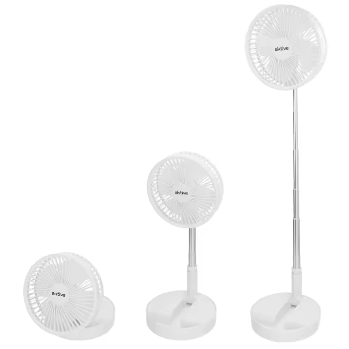 Aktive - Ventilador inalámbrico, color blanco, plegado compacto, 19,7x19,7x97,5 cm, 4 modos aire, 2-6 horas de autonomía, tubo telescópico de 36-83 cm, incluye cargador USB, recargable en 4,5 h, posición de bloqueo, ventilador con batería - 1