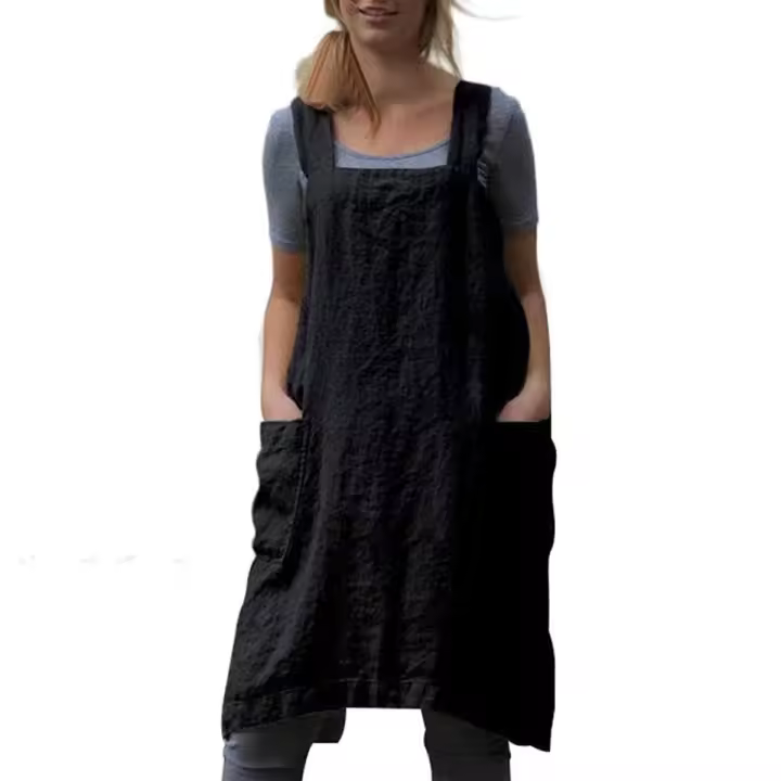 Delantal con Espalda Cruzada y Bolsos Vestido Delantal de Lino de Algodón Talla Grande - 1