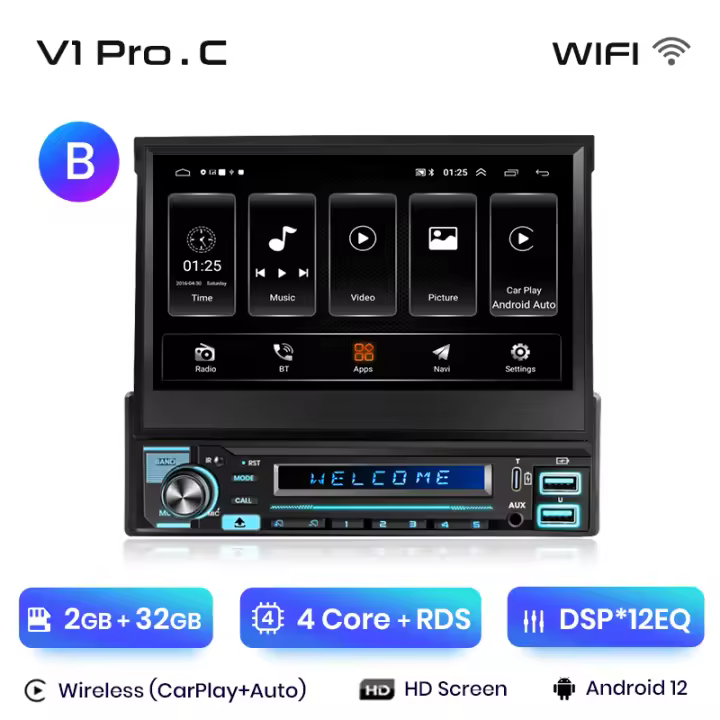 Junsun Radio de coche universal retráctil con pantalla táctil Carplay Android Auto 1 Din replegable Reproductor multimedia para coche MP5 GPS Autorradio. - 1