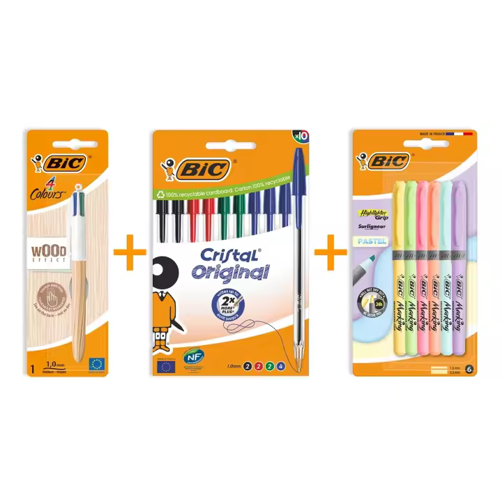 BIC Pack Estudiantes - 6 subrayadores pastel Highlighter Grip, 10 bolígrafos BIC Cristal de colores surtidos y 1 bolígrafo 4 Colores Wood - 1
