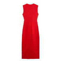 Vestido Midi Elegante Para Mujer TRAFZA Casual Solado Sin Mangas Cuello Redondo Cinturón Frontal Abierta Slim Lady Vestido De Noche - details 2
