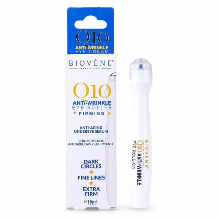 Biovène Barcelona Q10 Anti-Wrinkle Eye Roller 15 ml. Sérum de ojos reafirmante con Coenzima Q10 para ojeras, líneas finas y pérdida de firmeza. Aplicador roll-on refrescante que ayuda a descongestionar y suavizar el contorno. Uso día y noche. 🚚 Envíos a - 1