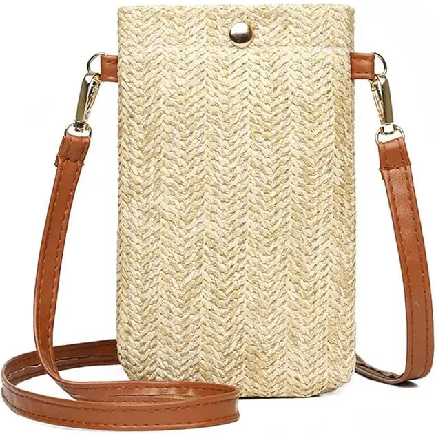 Bolso bandolera de paja, bolso de playa de una pieza, bolso de hombro tejido a juego, bolso de paja tejido para mujer, bolso bandolera vertical simple para teléfono celular, beige - 1