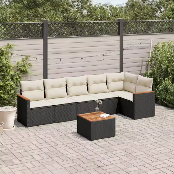 vidaXL Set de comedor de jardín 7 pzas y cojines ratán sintético negro - 1