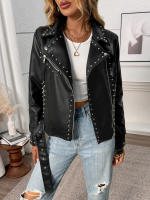 Chaqueta De Cuero Sintético Para Mujer Con Estilo De Motociclista Y Punta De Lanza Cierre De Cremallera Decoración De Hebilla Moda Casual De Calle Punk Tendencia - details 6