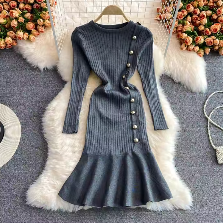 Vestido Bodycon Mermaid Elegante De Moda Coreana YuooMuoo Negro Con Volantes Para Fiesta Y Oficina Vestido De Cintura Imperio De Pierna Larga Estilo Lady - 1