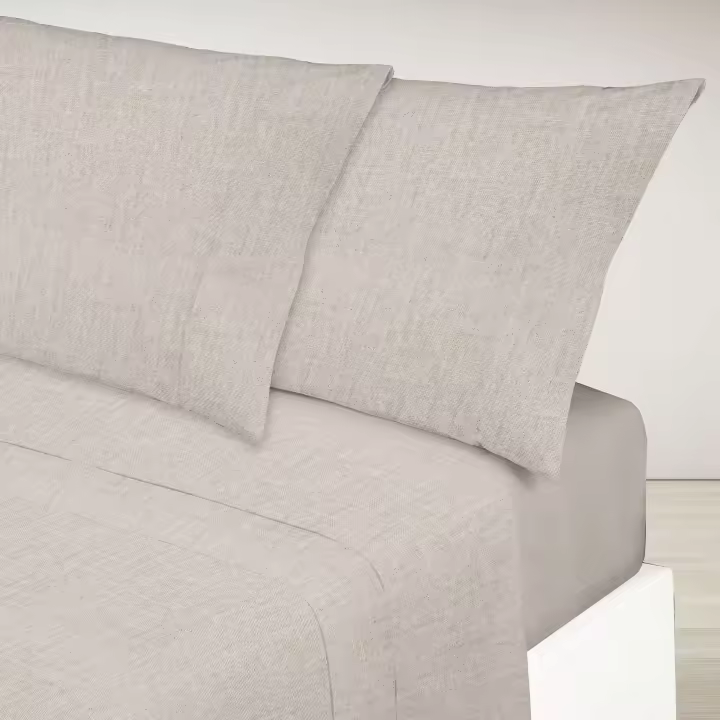 Manterol - Juego de sábanas lisas efecto lavado, calidad 100% Algodón, incluye bajera ajustable, encimera y fundas de almohada, tejido de calidad transpirable y duradero, colores beige, azul y gris. - 1