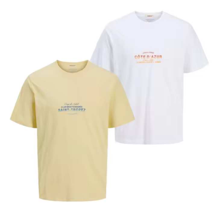 Jack & Jones SS25 Hombre Pack 2 Camisetas de Algodón Mod JORCANGGU CHEST logo estampado Moda Casual Informal REF 277227 - 1