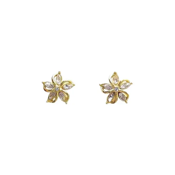 Pendientes de plata de ley 925 con circonita cúbica y flores para mujer, chapados en oro de 14 quilates, con cristales florales, bonitos pendientes hipoalergénicos a la moda, regalo de Navidad. - 1