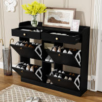 Zapatero Negro Mate Moderno | 4 Puertas Batientes + 2 Cajones + 3 Estantes Abridos| Organización Multinivel | Diseño Compacto 110x26x100 cm | Ideal para Pasillos, Entradas y Espacios Pequeños | Estilo Minimalist Elegant - details 3